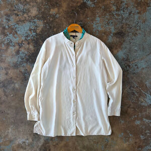 Eileen Fisher 100% Silk Blouse Size XS Bone Ivory Long Sleeve Mandarin Collar